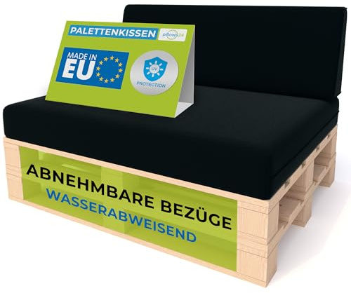 Pillows24 Palettenkissen 2er Set, Wasserabweisend & UV-fest, Waschbar | Palettenkissen Outdoor für Europaletten 120x80, abnehmbarer Bezug, Palettenuflage für Palettensofa, Made in EU, Schwarz