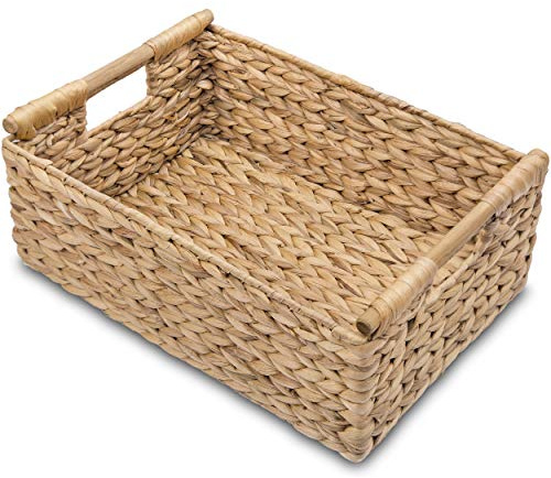 VATIMA Hyacinth Large Wicker Basket 15.5x10.8x6.2 - Rectangular, Wooden Handles, Shelf Organizer