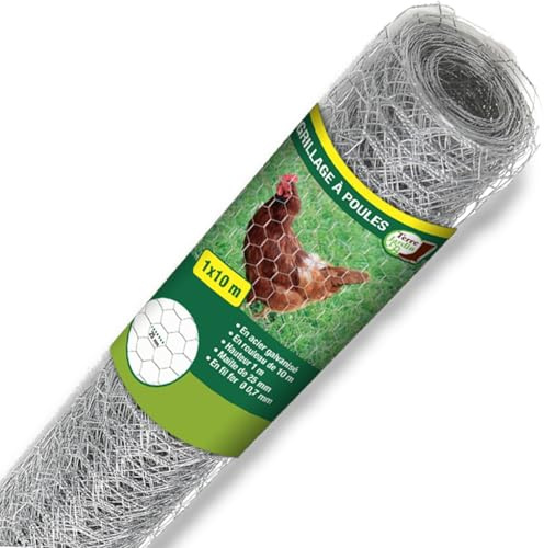TERRE JARDIN Grillage à Poules Maille Fine Acier galvanisé renforcé | Grillage à poules acier galvanisé maille 25 mm, fil Ø 0,7 mm renforcé, dimensions 1 x 10 m pour clôturer un enclos