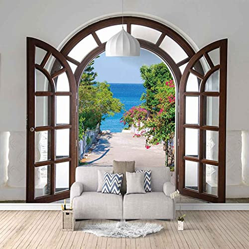 FVGKYS Wohnzimmer Schlafzimmer Hintergrund Wandbild Tapete Wandtattoo Fenster Garten Meerblick Benutzerdefinierte 3D Selbstklebend Fototapeten Wand Papier 300x210cm Heimdekoration Wandgemälde