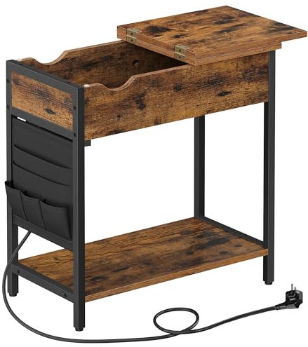 VASAGLE Beistelltisch, Nachttisch mit Steckdose, schmal, mit USB-Anschlüssen, Tasche, für Wohnzimmer, Schlafzimmer, vintagebraun-schwarz LET311B01