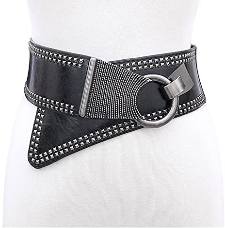 QSCTYG Cintura da Donna Le Donne Oblique Ampia Cintura del Punk Rivetto retrò retrò PU. Cintura Elastica Elastico Dress Decorativo in Vita 442 (Color : Black)