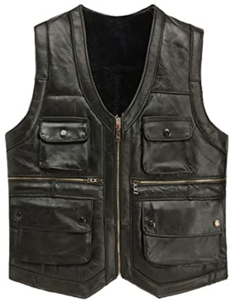 Herren PU Leder Weste Herbst und Winter Multi-Pocket Casual Fell Warm Schaffell Weste, Schwarz , L