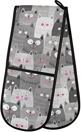 Doppelte Ofenhandschuhe, niedliche Katzen, schwarz, hitzebeständig, Topflappen, Ofenhandschuhe, zum Grillen, Kochen, Backen, Grillen, Mikrowelle