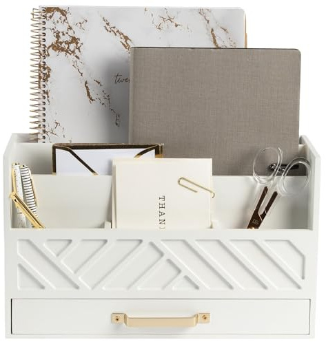 BLU MONACO | White Wooden Desk Organizer & Mail Organizer with Drawer & Gold Handle | Mail Sorter Countertop | 6 Compartments | White Desktop Organizer for Desk