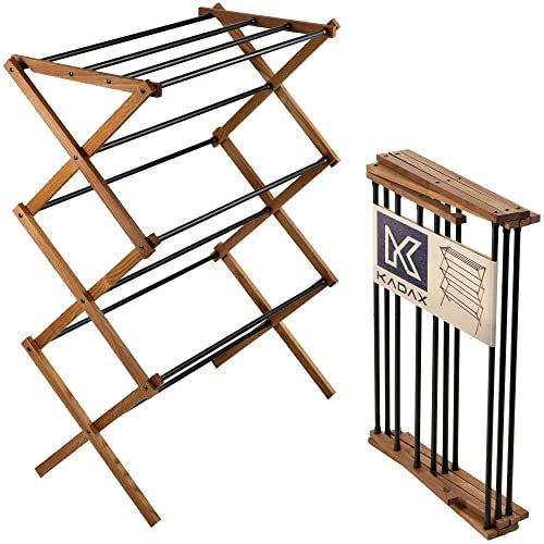 KADAX Standtrockner aus Holz, Vollständig montiert, klappbarer Turmwäscheständer mit 7m² Trockenfläche, Holzwäscheständer, platzsparender Trockner (73x97cm)