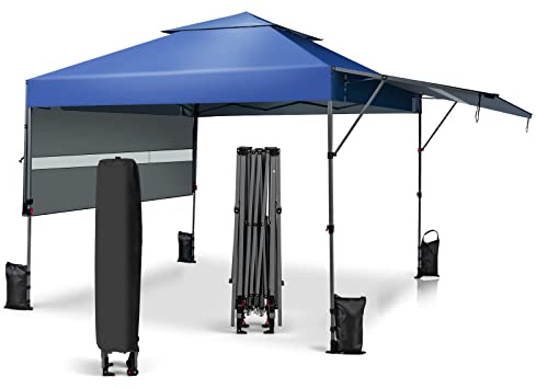 COSTWAY Carpa Plegable 3X3 Impermeable, Carpa para Exterior con Ruedas y Bolsa Portátil, Ajustable en Altura, UV50+, Cenadores para Jardin con Dos Mitades de Toldo(Azul)
