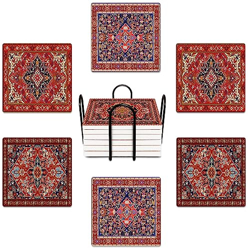 Bribay Untersetzer für Getränke, 6er-Set, Tribal-geometrisches Muster, saugfähig, quadratisch, Keramik-Steinmatte, mit Korkboden und Metallhalter, Geschenk für Einweihungszimmer, Bar, Dekor