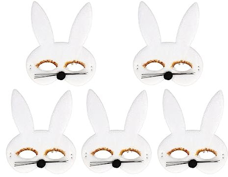 YJZQ Halloween-Maske 5 Stück Tiermasken Filz Masken Kindermasken Geburtstag Augenmaske Charakter Masken Osterhase Maske Halbmaske Hase mit Gummizug Geschenke für Halloween Party(Weiß)