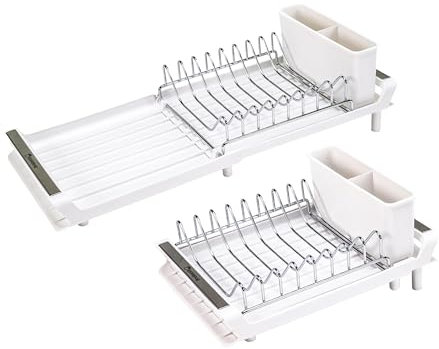 Erreke Abtropfgestell Geschirr, Geschirrabtropfgestell, Abtropfgestell Geschirr Klein, Ausziehbar, Ausläufe in die Spüle, Rost Edelstahl Besteckhalter, Abtropfständer Kompakt 28x20cm Farbe Weiß