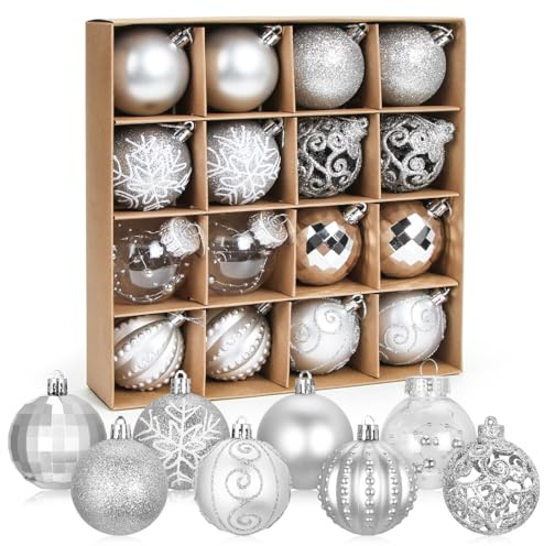 Weihnachtskugeln Silber, 16 Stück Weihnachtskugeln Set, Christbaumkugeln Kunststoff 6cm, Bemalte Baumschmuck Weihnachtsbaumkugeln Groß, Plastikkugel Christbaumschmuck Hängedekorationen