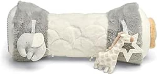 Mamas & Papas Tummy Time Roll, Interactive Soft Baby Pillow with Integrated Rattle, Welcome to The World, Grey