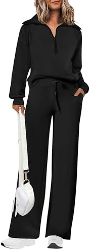 PRETTYGARDEN Women's 2025 Fall Lounge Sets Casual Half Zip Sweatshirt and Wide Leg Pants 2 Piece Outfits Sweatsuit (Black,Large)