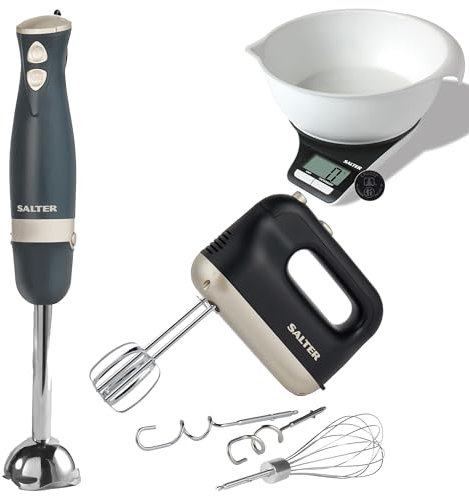 Salter COMBO-8900 Marino Immersion Blender & Hand Mixer Set – With 5KG Digital Kitchen Scale & 1.25L Dishwasher Safe Measuring Bowl, Detachable Stainless Steel Rod & Blade, Beaters/Dough Hooks, Blue