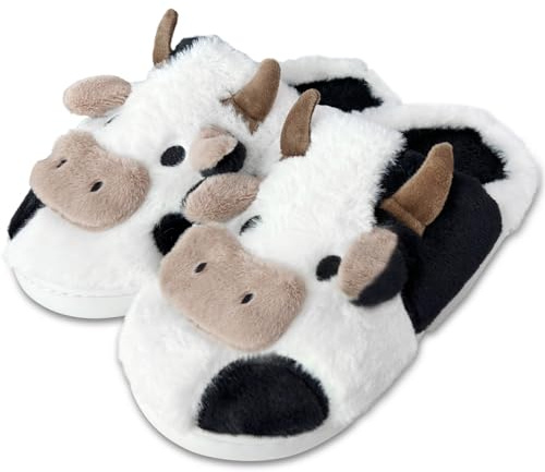 Newshy Cow Slippers for Women Kids Fluffy, Cute Animal Slippers Shoes Thick Sole, Fuzzy Plush Cartoon Slippers Winter Cozy Cow Slipper Gifts for Women Couple Family