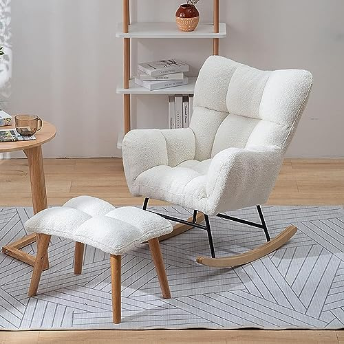 SKORDO Mid-Century Moderner Teddy-Schaukelstuhl mit Hocker, Erwachsenensessel, ideal für Wohnzimmer, Schlafzimmer und Lesen, getuftet, Stoff, Komfort-Design
