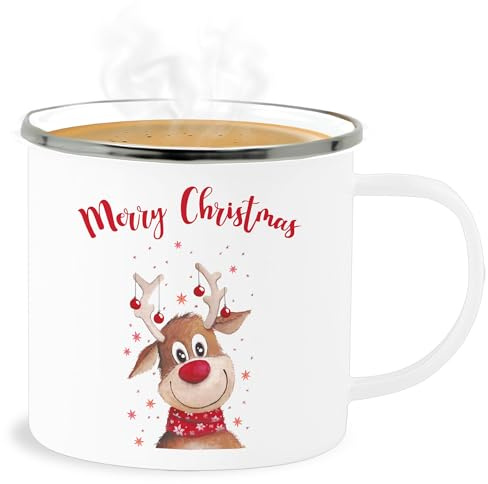 Emaille Becher Blechbecher - Weihnachtstasse Tasse Weihnachten - Merry Christmas Rentier I Elch - 300 ml - Weiß Silber - weihnachtstassen weihnachtsmotiv elk weihnachts xmas weihnachtsmotiven