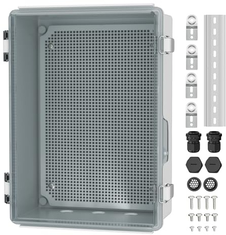 Joinfworld Waterproof Electrical Box 14x10x6 Clear Junction Box | Weatherproof ABS box: insulation, vented, DIN rail, grid plate, 2 NPT3/4 glands, wall mount for Light WIFI Security