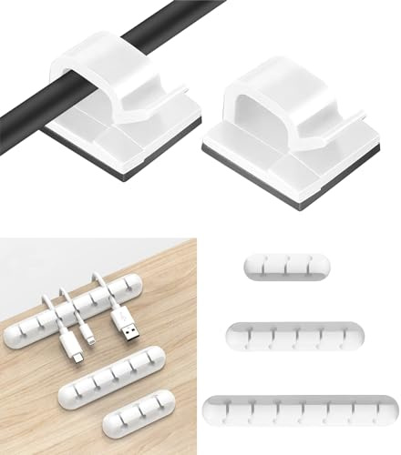 60 Sujeta Cables Adhesivo y 3 Organizador Cable, Clips de Luz Exterior de Hadas Correas Gestión Soporte de Alambre, Ordenar de USB, TV, Cargador, Audio para Oficina y Hogar Decoración Ganchos Navidad