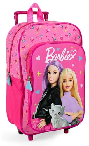 PERLETTI Pink Kindergartenrucksack Mädchen 3 4 5 6 Jahre - Rosa Kinderrucksack mit 2 Rollen und Fronttasche mit Herzen und Katze - Kleinkind Rollrucksack Trolley Backpack Kindergarten - 36x24x12 cm