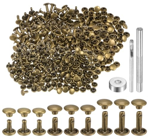 QUARKZMAN Leder Nieten 300 Set 6x6mm/8x8mm/12x8mm Röhrenförmige DIY, Bronze | Metallniete Doppelkappe Hohlnieten Lochzange mit 3 Werkzeug Nietenzange Handwerk Gürtel Reperatur Dekoration
