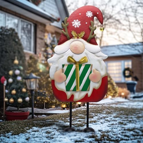 TERESA'S COLLECTIONS 61CM Metal Hand-Painted Christmas Gonk Decoration, Lovely Standing Gonk Ornament, Festive Santa Gonk Holding Present, for Mantel & Porch, Indoor & Outdoor Holiday Decor