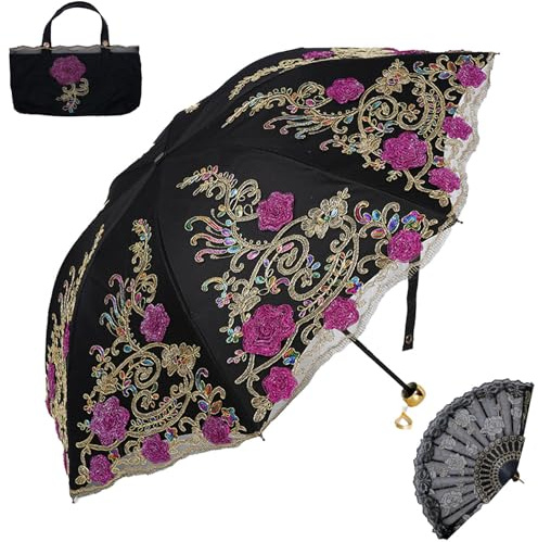 Aikelai Vintage Spitze Regenschirm Damen,3D Blume Regenschirm Sturmfest,Umbrella Windproof,Taschenschirme mit Aufbewahrungstasche (8337-schwarz)