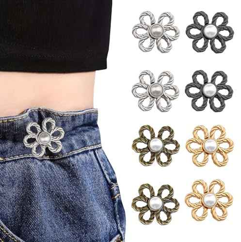 8 Paare Jeans Knopf,Knöpfe Hosen Enger Machen,Hosenknöpfe zum Stecken Hose Enger Machen Clip Blumen Perlen Einsteller Hosenknöpfe Hosen Knopf Spanner Fastener Kleidung Verstellbare Taille Schnallen