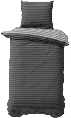 Visaggio Bettwäsche 155x200 cm 2 teilige Bettbezug Set Grau Anthrazit Damast Gestreift Garnitur Wendebettwäsche 70% Baumwolle 30% Polyester