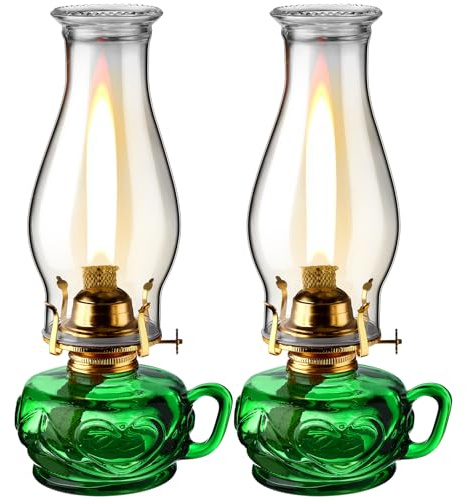 Yahenda 2 Pcs Chamber Oil Lamp Classic Kerosene Lamp Lantern Vintage Oil Lantern Decorative Antique Hurricane Lamp with Adjustable Fire Wick for Home Indoor Use, 12.6 Inch Height (Green,Gold)