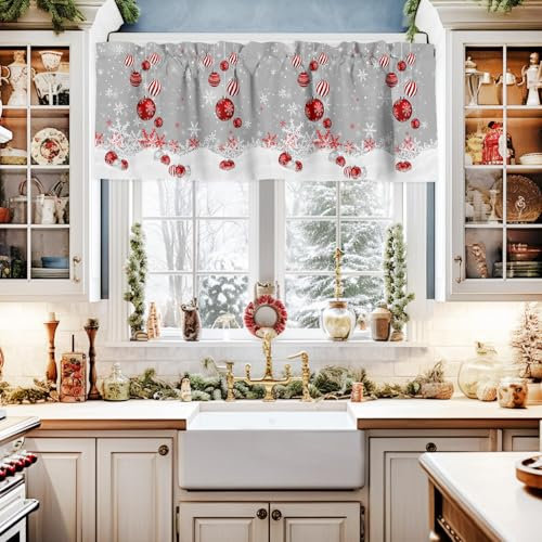 Weihnachtsvolant für Fenster, Winter-Schneeflocken, Frohe Weihnachten, Kugel-Ornamente, Weihnachtsschneeflocke, glitzernd, grau, Fensterbehandlungen, 1 Panel, kurze Vorhänge für Küche, Fenster,