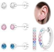 jagosen Ohrringe Set Ohrstecker Silber Damen mit Zirkonia 4 Paar Creolen Silber Hypoallergen Titan Ohrringe Chirurgenstahl Medizinische Ohrstecker mit Flachem Verschluss(rund)