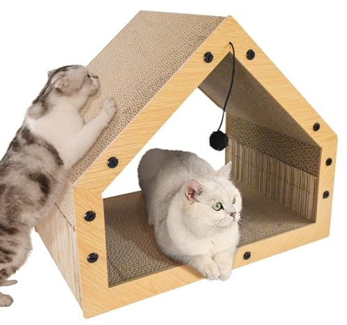 Heikoeco® Kratzpappe für Katzen Groß XXL mit Ball, Hausform Kratzbretter Katze, Betten, Kratzspielzeug & Kratzmöbel aus Hochwertiger Wellpapier, 40x30x40cm