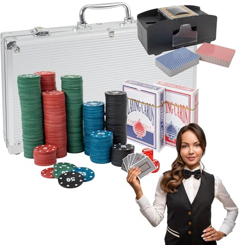 H&F Heimtextilien Pokerkoffer Set 300 Chips mit Kartenmischer – Komplettes Poker Spielset mit Karten Würfeln & Dealer-Button im Aluminiumkoffer – Für Einsteiger & Fortgeschrittene