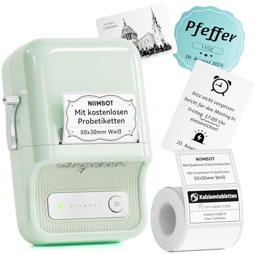 NIIMBOT B21 Etikettendrucker, Selbstklebendes Etikettiergerät Bluetooth Beschriftungsgerät Sticker Drucker Label Printer, Tragbares Label Printer für Barcode Einzelhandel Büro, Mintgrün