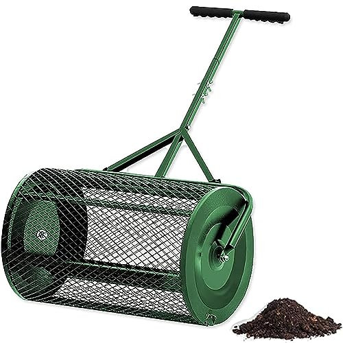 QLSABIA Épandeur à Rouleau pour Compost/fumier/Tourbe de 24 po, Rouleau d'alimentation et de désherbage pour Gazon de Jardin, Acier léger avec revêtement Durable et poignée en T, Vert