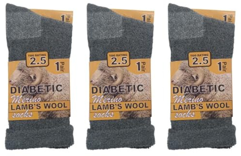 Heat Mate - Calzini termici da uomo in lana merino per diabetici, 2,4 TOG (-25 °C), extra caldi e morbidi, confezione da 3, taglia UK 6-11, grigio, Grigio, Taglia unica