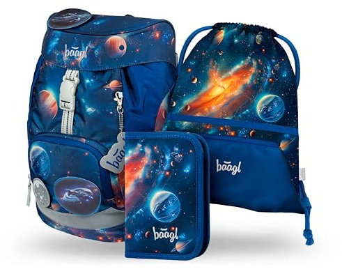 Baagl Schulranzen Jungen für 1. Klasse, Airy Schultasche Set 3-Teilig, Grundschule Schulrucksack für Kinder, Ranzen für Schule, Tornister (Weltraum)