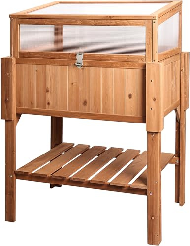 needs&wants® Großes Hochbeet mit Frühbeet-Aufsatz Abdeckung aus Holz für Garten Balkon, Pflanzbeet mit Gewächshaus Frühbeetkasten mit Deckel Dach Haube Ablage Pflanzkasten, 90 x 57 x 112,5 cm, braun