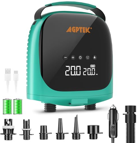 AGPTEK Paddle Board Pump Electric Sup Pump Rechargeable Battery-Powered 20PSI Portable SUP Air Pump,Auto-Off 12V DC Car Connector Electric for Inflator & Deflator Stand up Paddle Boards,Boats