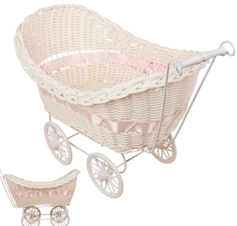 Stroller Decoration,Rustic Imitation Rattan Four Wheeled Cart - Home Storage For Photography Wedding Game Easter Party Flowers
