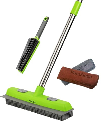 PuraKleen Rubber Broom for Pet Hair —Gets What Your Vacuum Misses,Non-Scratch Carpet Rake 24 -61 Adjustable Handle,4-in-1 (Squeegee+Pet Brush+2 Microfiber Cloth),Stairs,Corners, Rugs,Hardwood Green