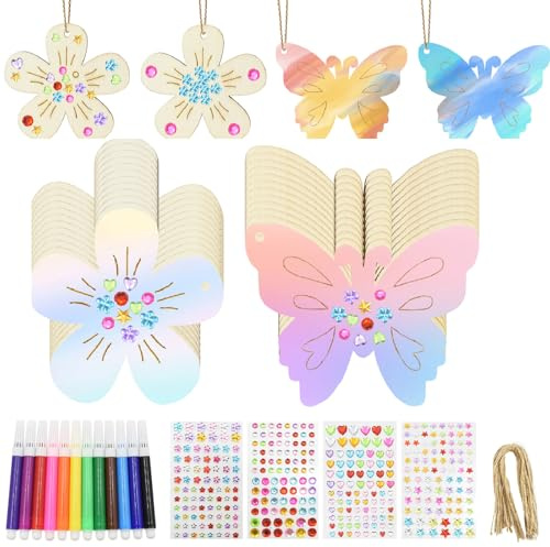 Coriver 40 Stück Holzblumen zum Bemalen,Holz Bastelset Kinder für Kinder, 3D Blumen Basteln Bastelset, Holzanhänger Zum Bemalen, Schmetterling Basteln Kindergeburtstag mit Kristallaufkleber