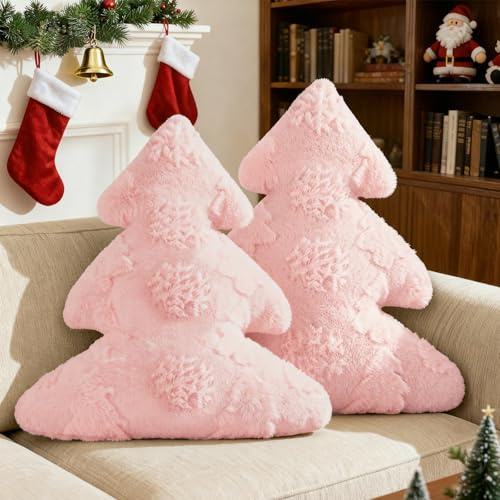 Lanpn 2 Stück Weihnachtsbaum Kissen Weihnachtskissen, Schneeflocke und Baum Weihnachts Kissen Dekokissen Flauschiges Zierkissen für Party Bett Sofa Couch Weihnachtsdeko (Rosa, 40,5x45,5cm)