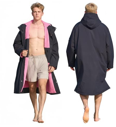 Owntop Vattentät ombytesrock för kvinnor – snabbtorkande strandbadrock, vindtät överdimensionerad långärmad kappa med huva, Borg fleecefoder (unisex – vuxna och barn), Svart + rosa, M