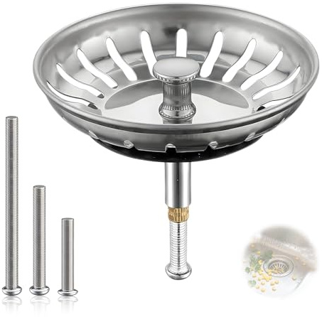 Nevoluxer 1 Stück Abflusssieb Küchenspüle Höhenverstellbar, Spülbecken Sieb mit Edelstahl Spülbecken Stöpsel, Stöpsel Spüle Ersatz 82mm Silber