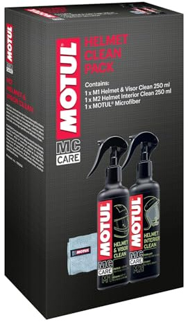 Motul Kit Nettoyage Casque et Visière Moto M1 + M2 | Nettoyant Extérieur M1 et Intérieur M2 - Chiffon Microfibre Inclus - Anti-Odeurs et Anti-Traces