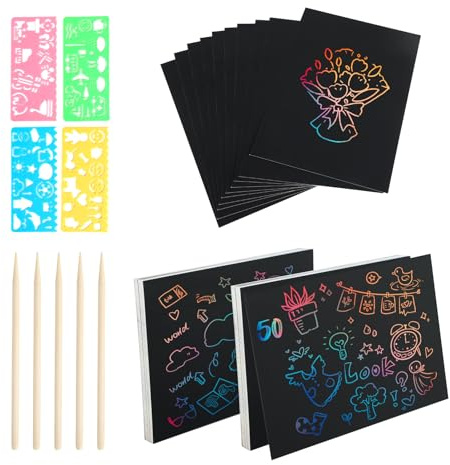 Kratzbilder für Kinder Set – 50x Regenbogen Kratzpapier Kinder mit 5 Holzstiften, 4 Schablonen Kinder, Kreatives DIY Bastelset zum Basteln Kindergeburtstag, auch geeignet als Kratzbilder Erwachsene