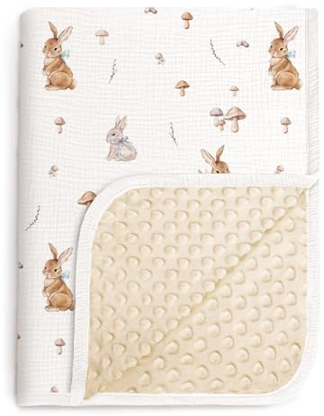 lulumoon Musselin Decke Baby für Neugeborene - Babydecke aus Baumwolle | Weiche Oeko-TEX Standard – Leicht Musselin & Minky Babydecke für Jungen und Mädchen 76x101cm(Hase)