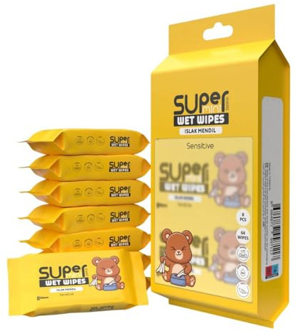 Super Mini Wet Wipes Travel Size, Sensitive Portable Travel Wipes - Hand and Face Wipes for Adults, Kids & Baby Care, 8 Pack Total 64 Wipes (Yellow, Pack of 8)